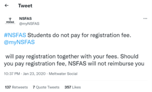 nsfas tweet on registration fee payment