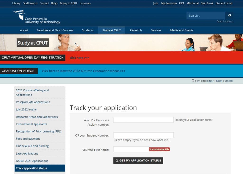 how to track cput application status