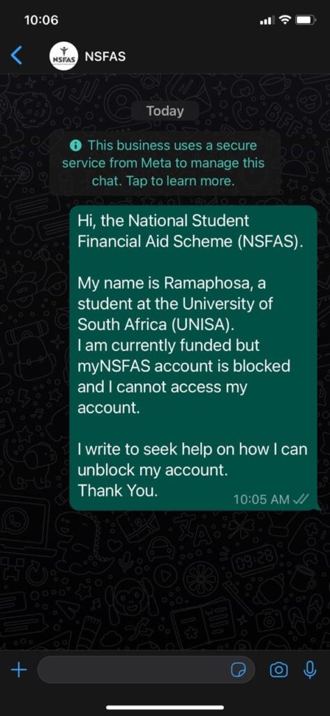 how do I chat with nsfas on whatsapp