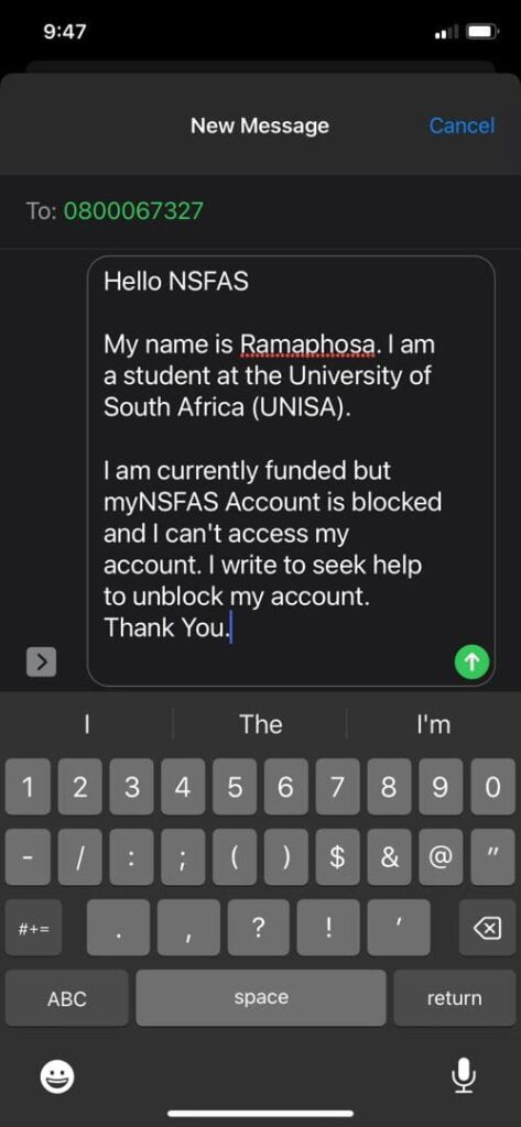 how do I chat with nsfas via sms