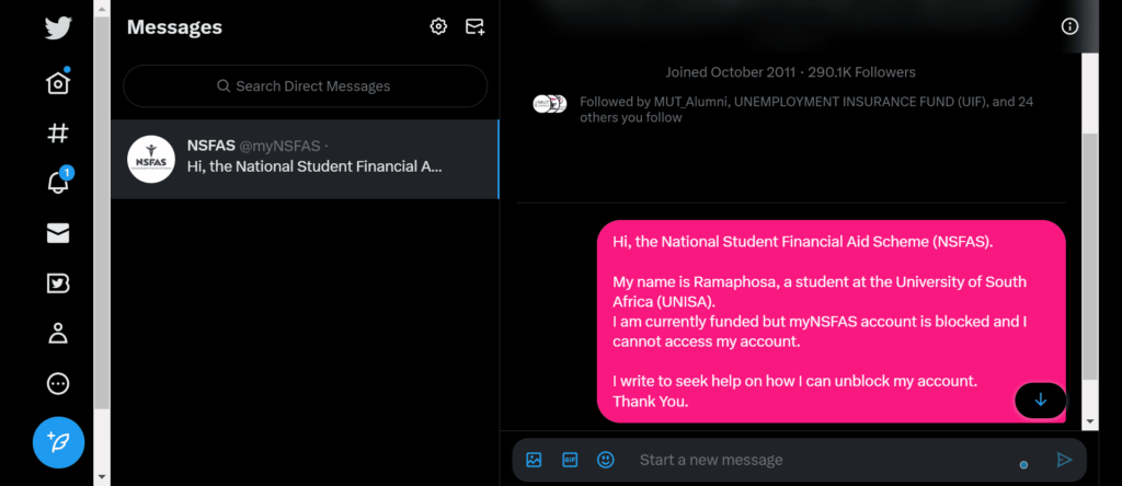 how do I chat with nsfas on twitter
