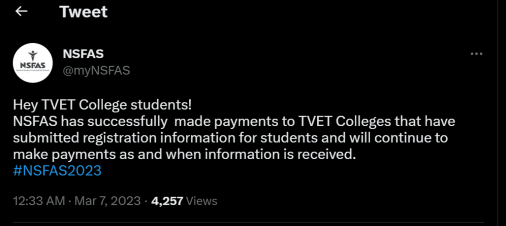 nsfas pays allowances to tvet students who have submitted registration information